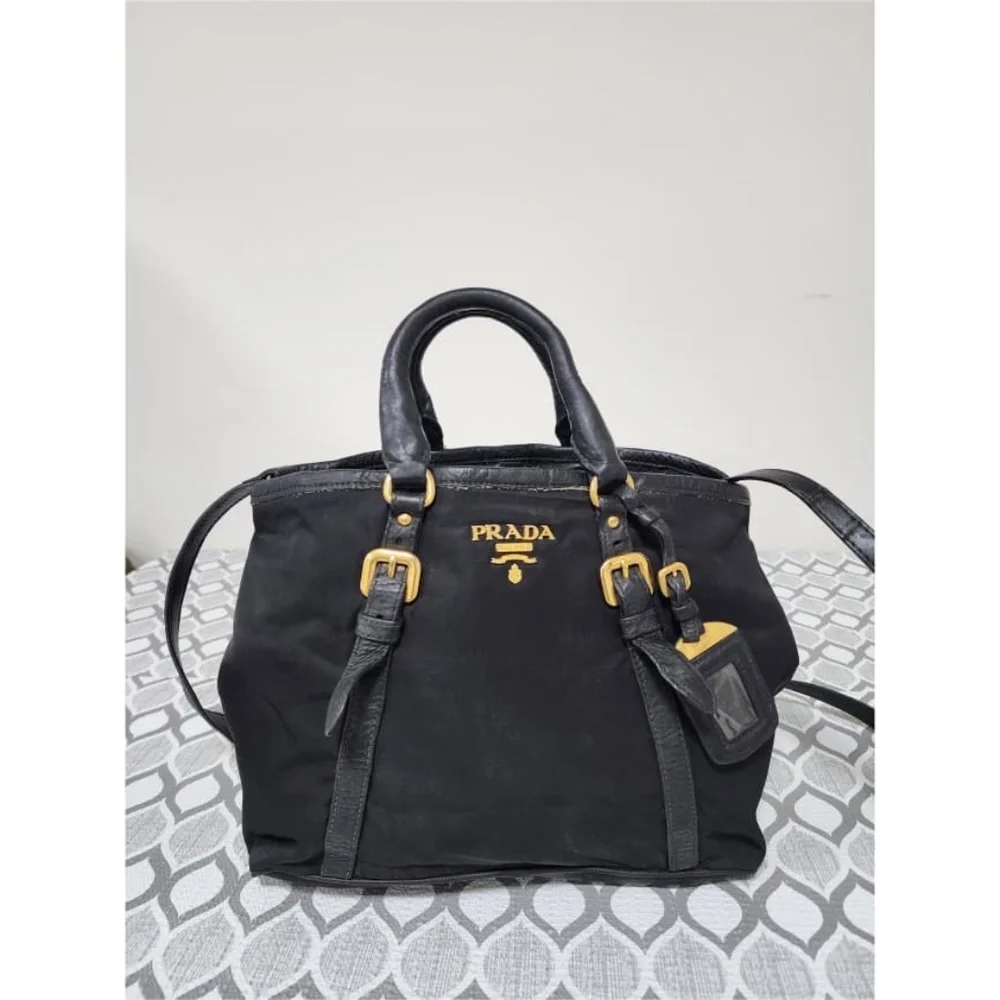 Authentic Prada Nylon and Leather Satchel Bag Black